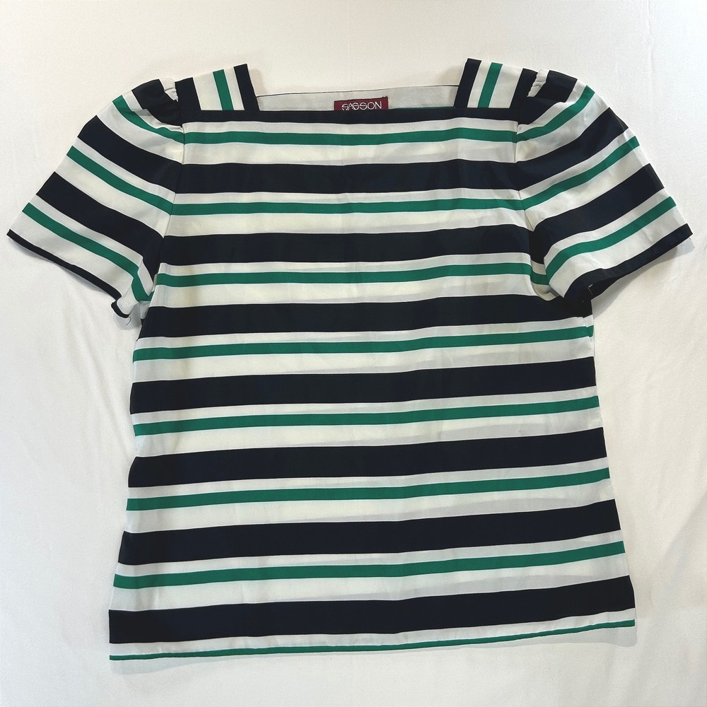 VTG Sasson Striped Puff Sleeve Blouse 10/11 Office Siren Preppy Dark Academia